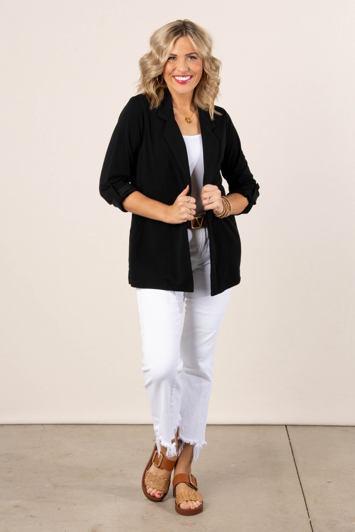 Open Front Tab Sleeve Blazer