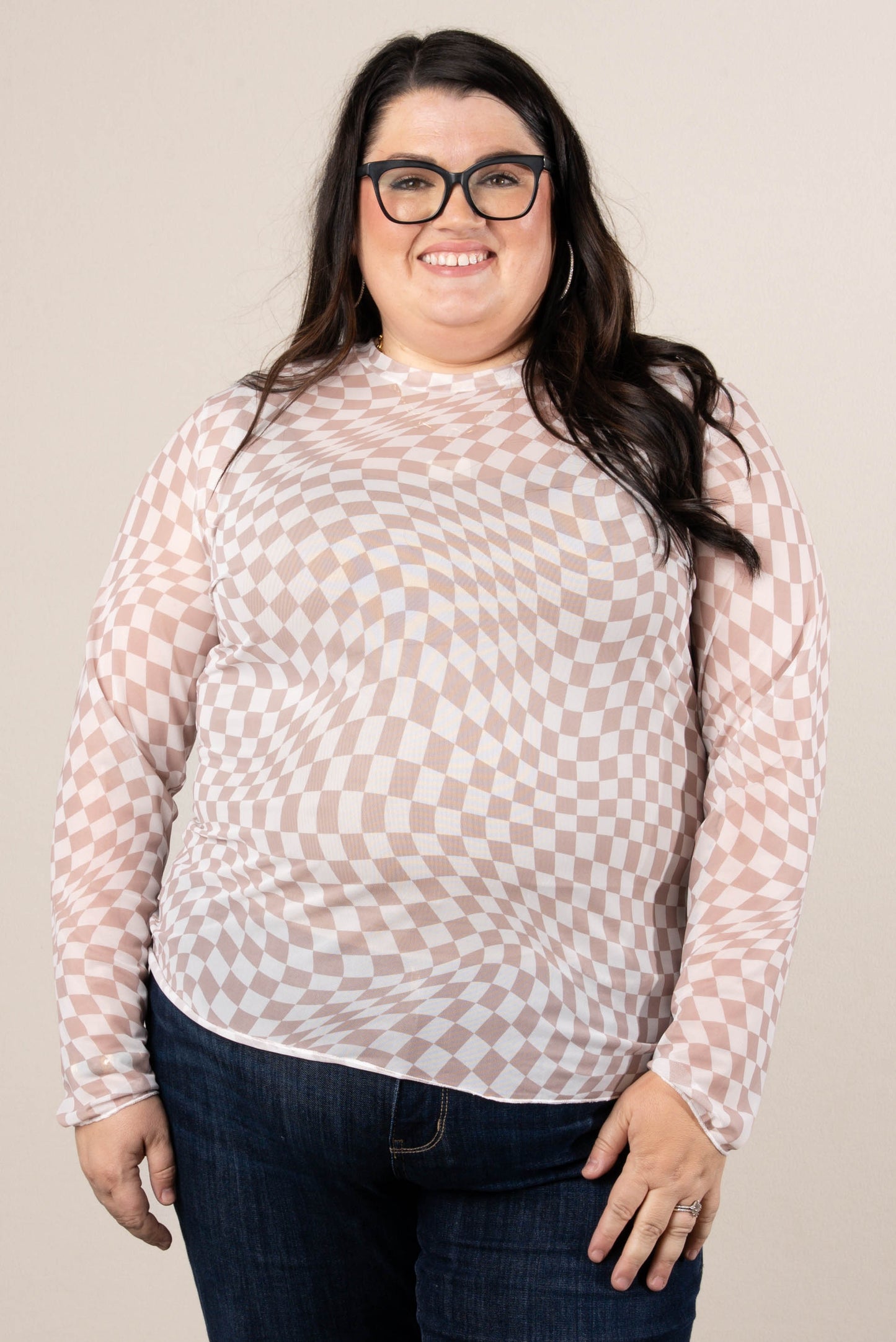 City Chic Sheer Checkered Mesh Top