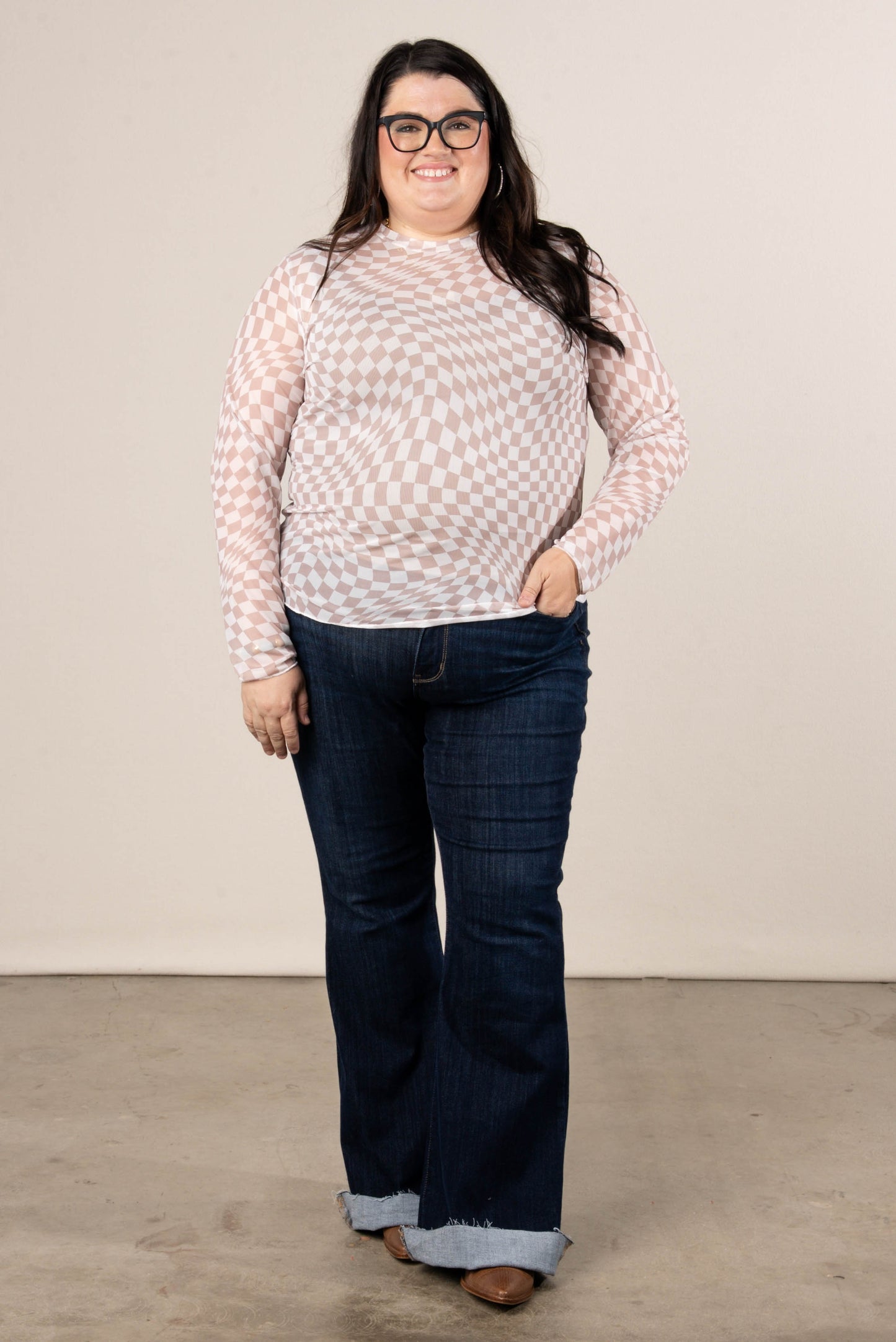 City Chic Sheer Checkered Mesh Top