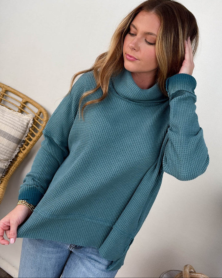 Constance Waffle Knit Raw Seamed Turtleneck Top