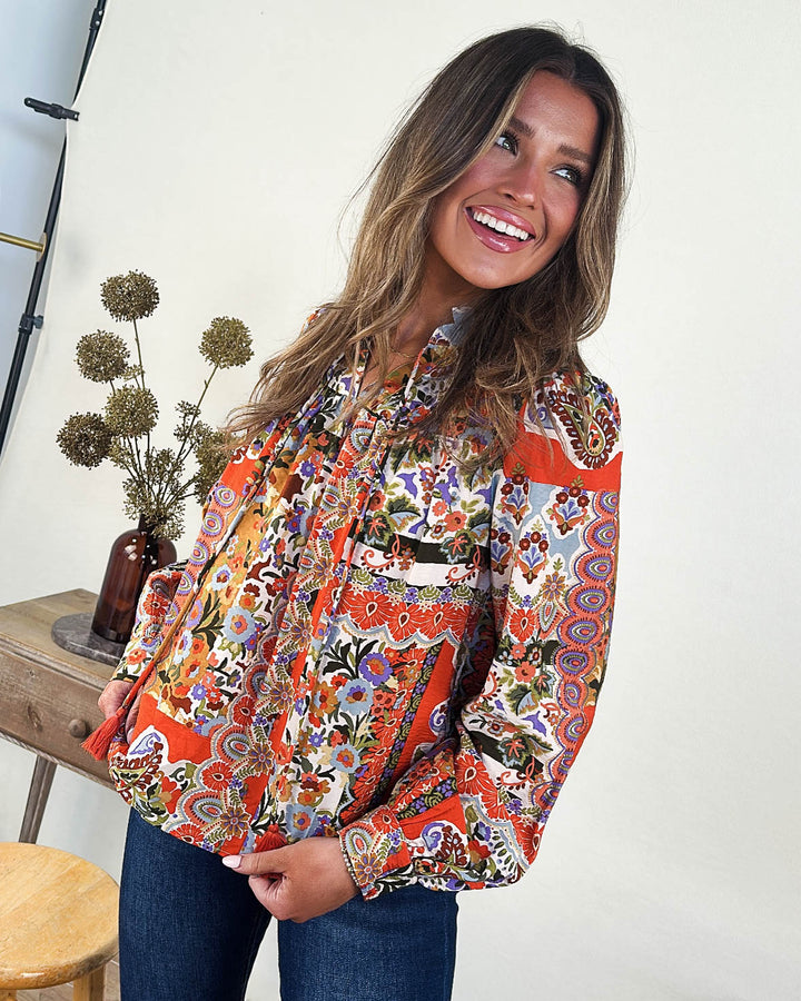 Mosaic Bloom Floral Patchwork Tassel Tie Blouse
