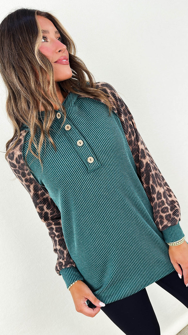 Alma Ribbed Leopard Sleeve Hooded Top