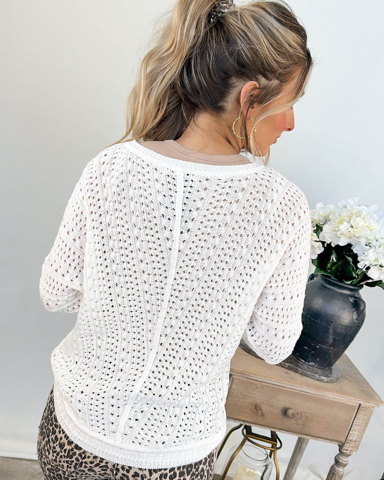 Morning Mist Pointelle Knit Dolman Sweater