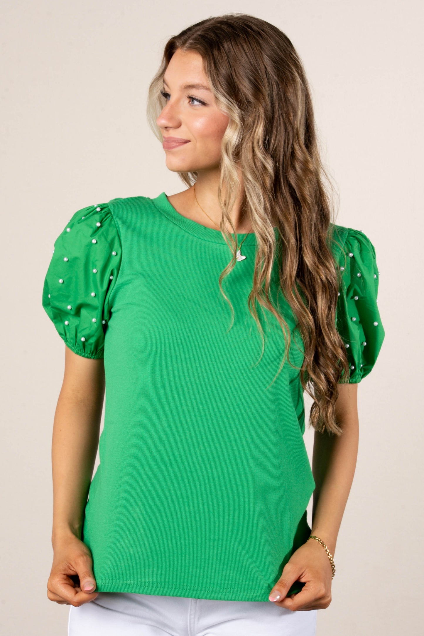 Georgia Mae Pearl Embellished Sleeve Top