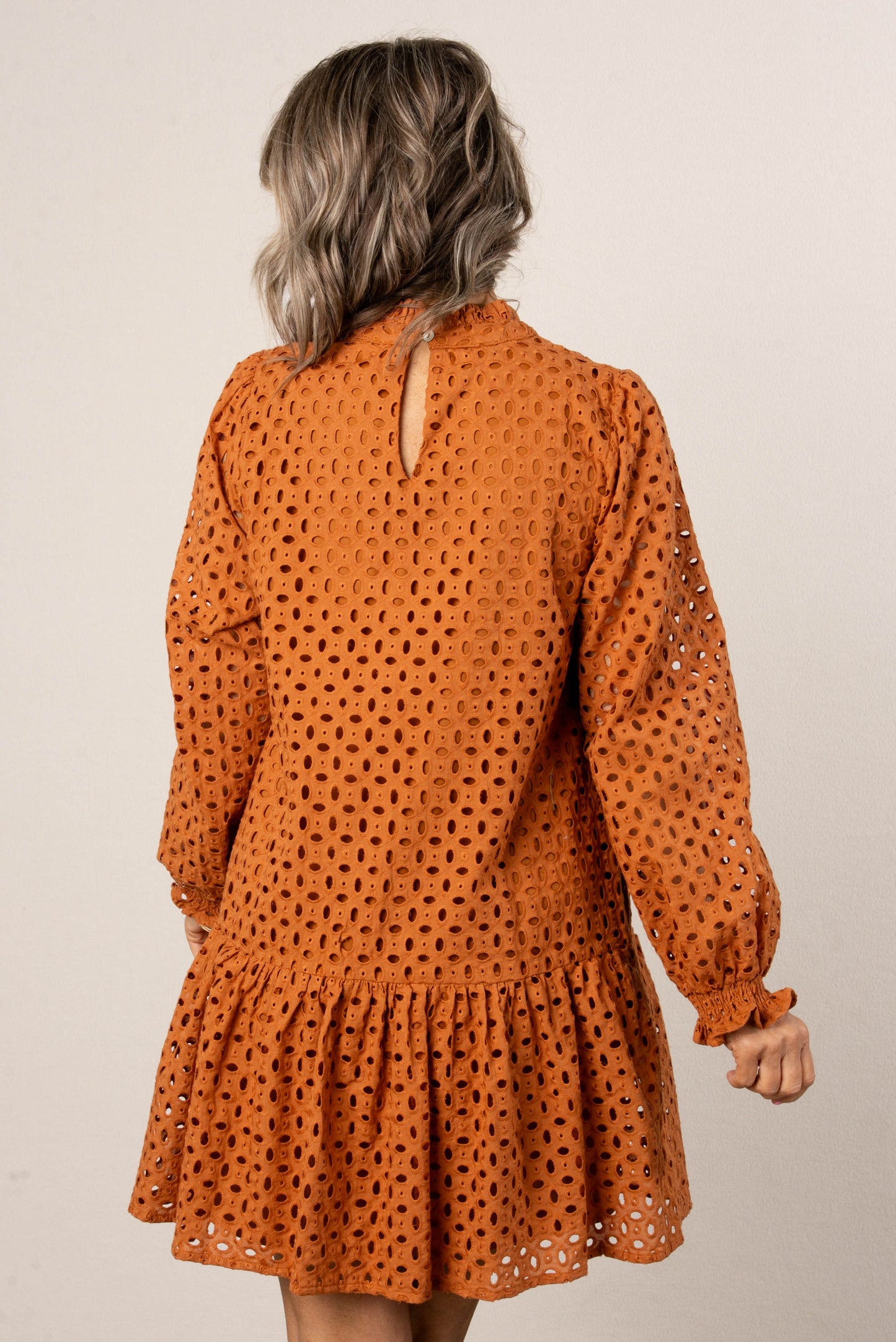 Eyelet Lace Overlay Frill Neck Dress