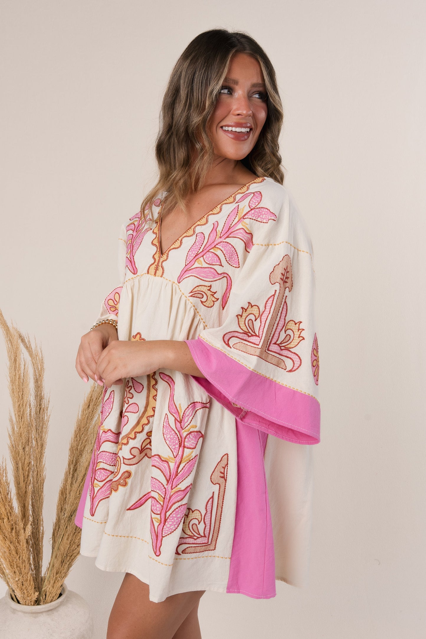 Boho Embroidered Babydoll Dress Fuchsia