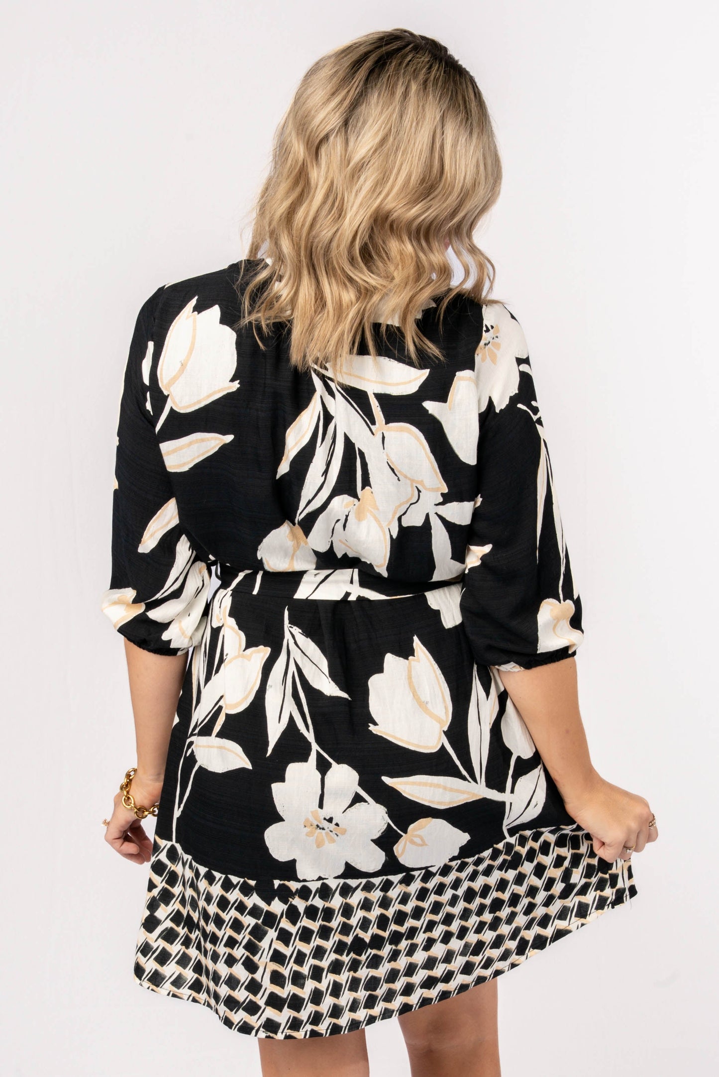 Floral Border Print Belted Dress