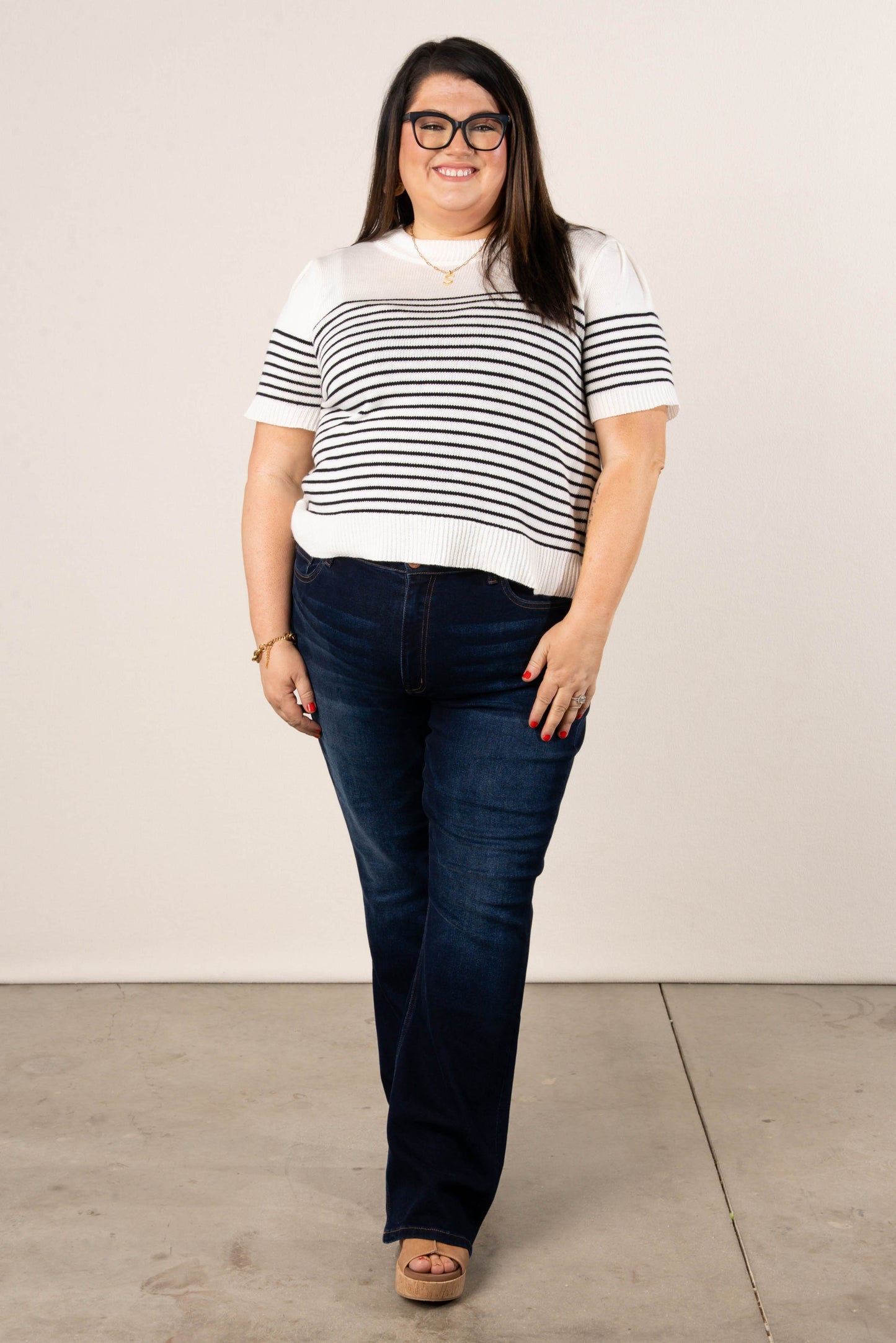 Striped Pleat Shoulder Sweater