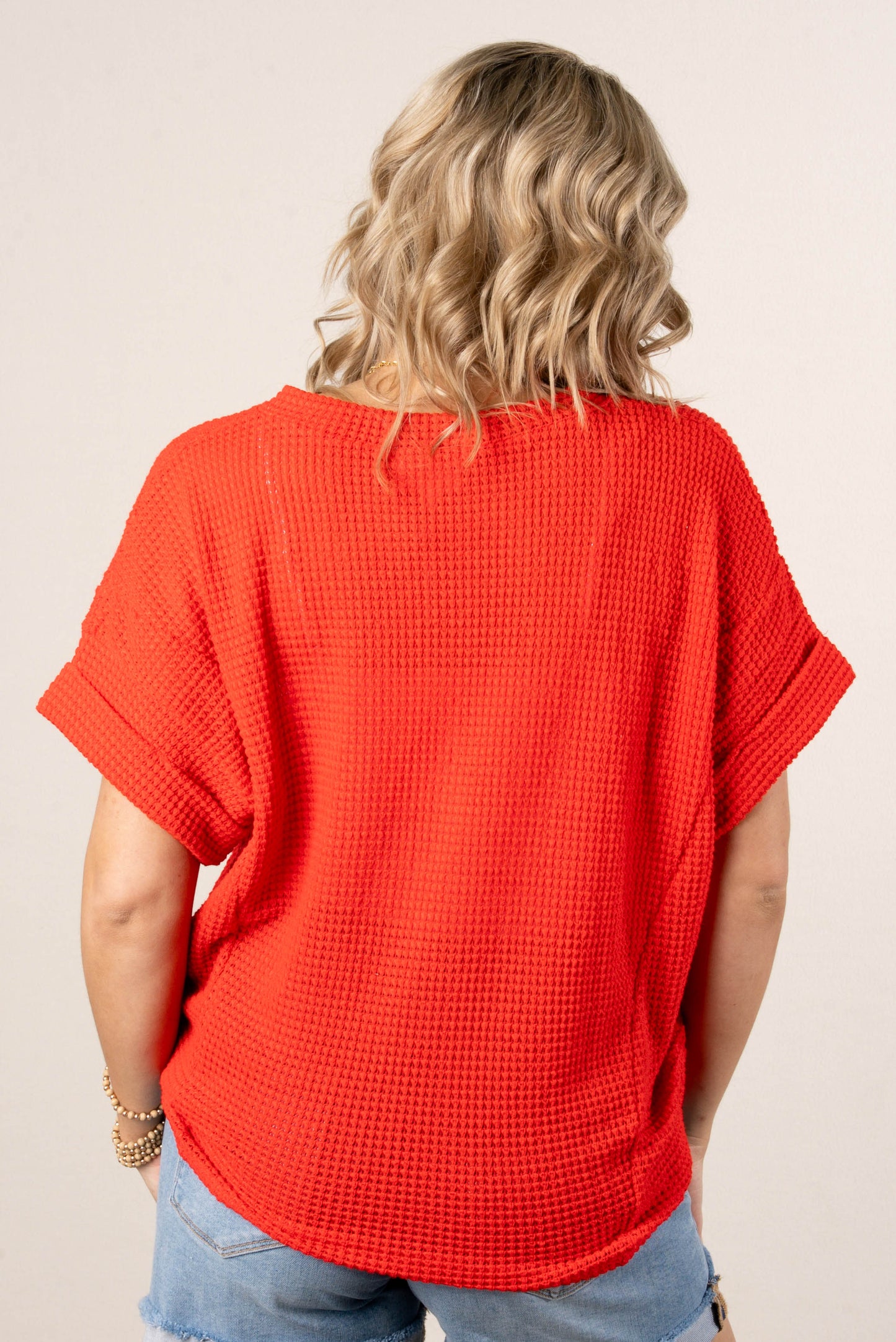 Waffle Knit Cuffed Sleeve Top