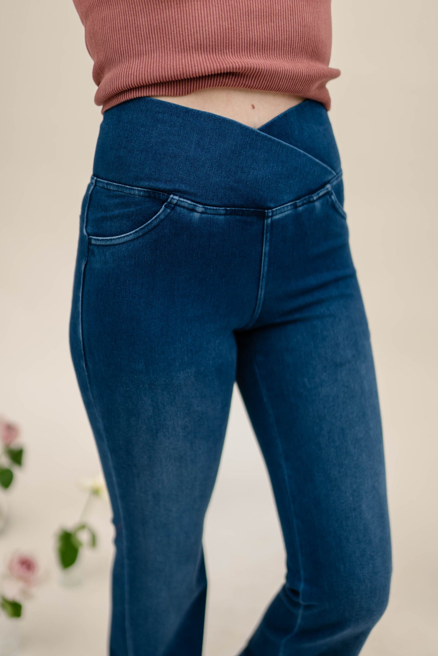 Pull-On High Crossover Waist Flare Jeans *Final Sale*