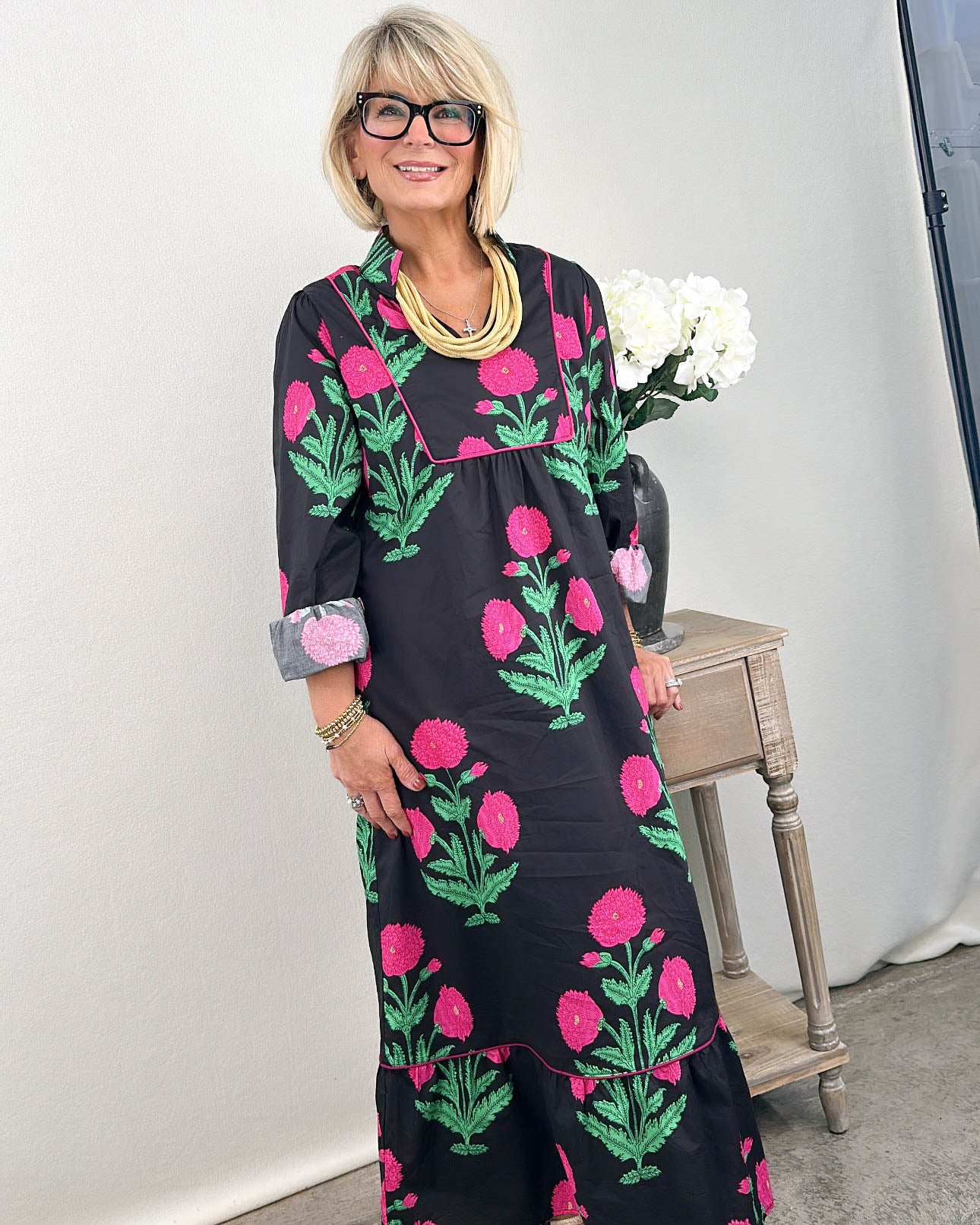 Brightens Any Room Floral Stand Collar Midi Dress