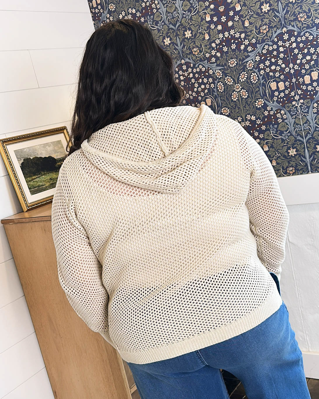 Breakwater Open Knit Tassel Tie Hooded Top