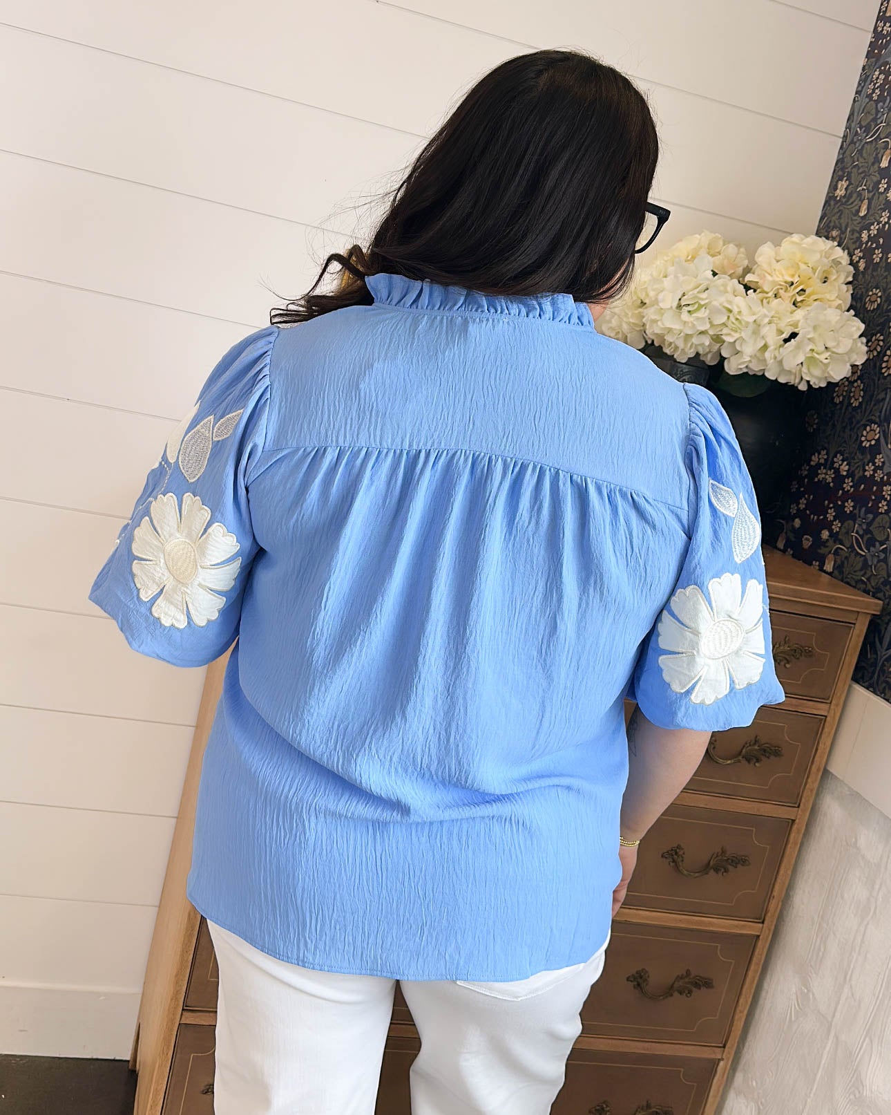 Songbird Floral Applique Frill Neck Blouse
