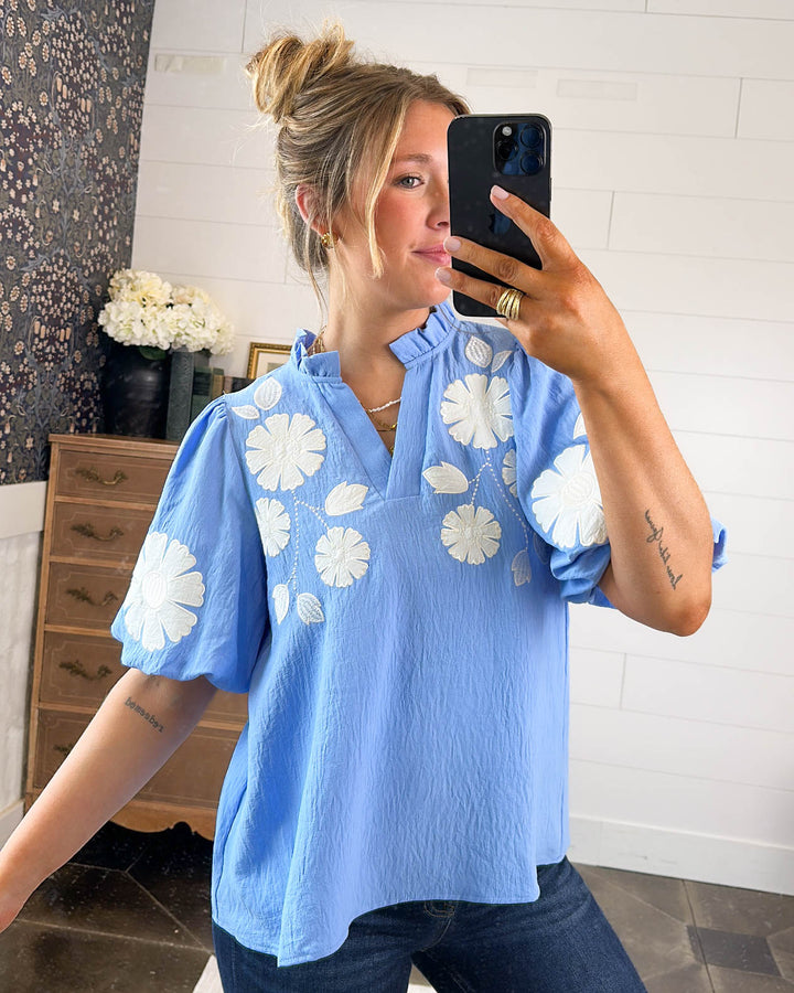 Songbird Floral Applique Frill Neck Blouse