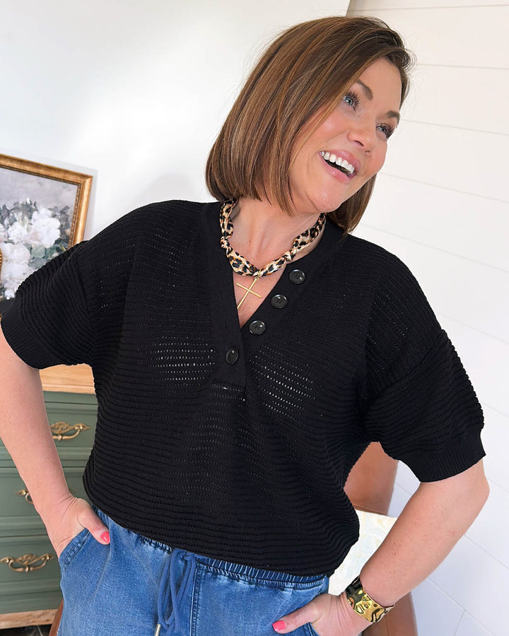 Sitting Dockside Open Knit Henley Sweater