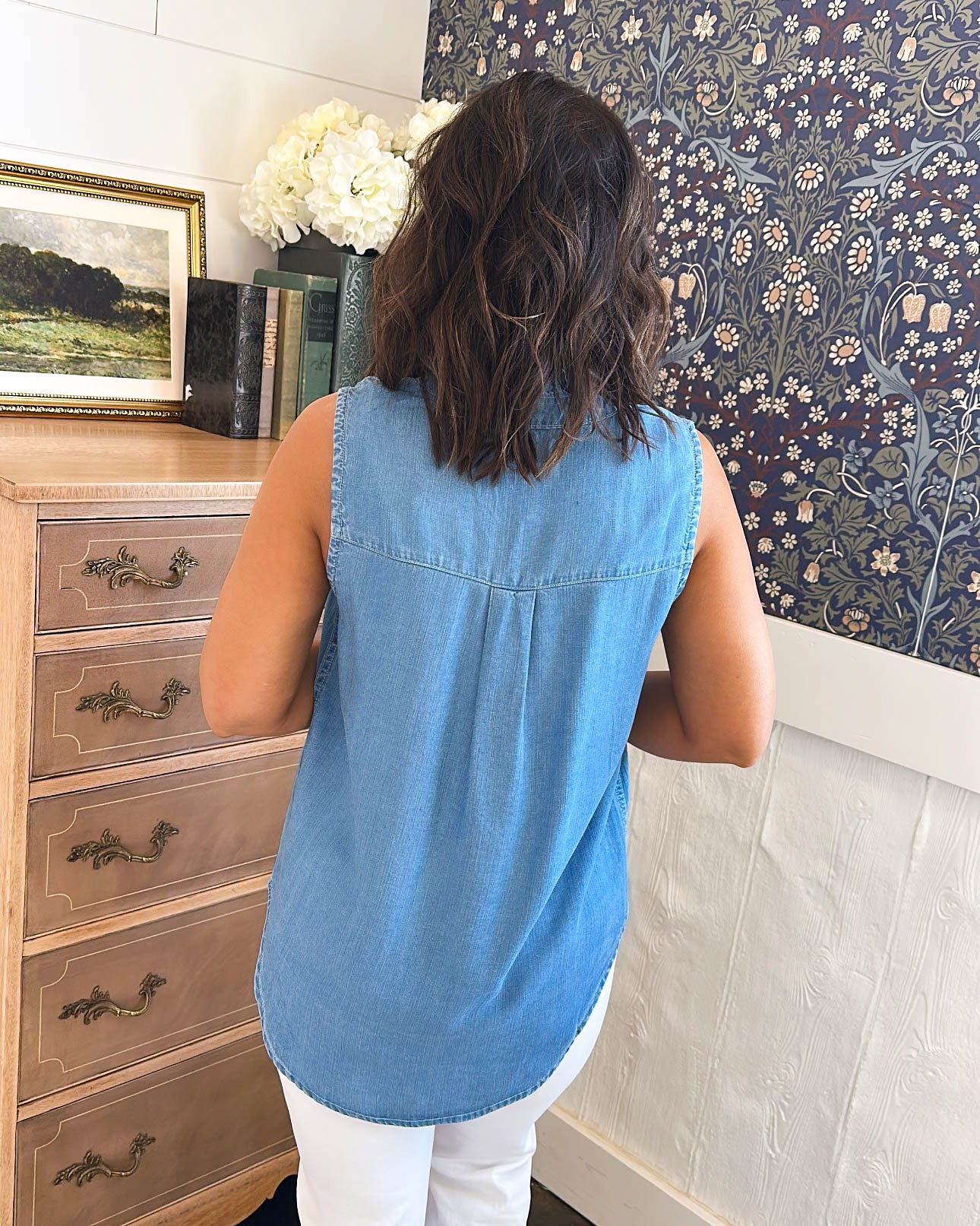 Touch Of Grace Chambray Sleeveless Ruffle Neck Shirt