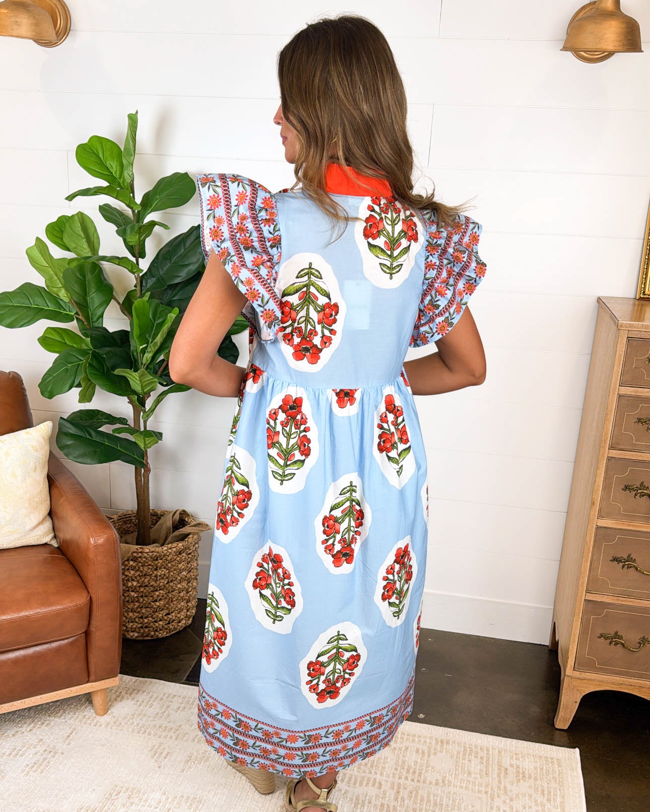 Coral Vista Floral Contrast Trim Midi Dress