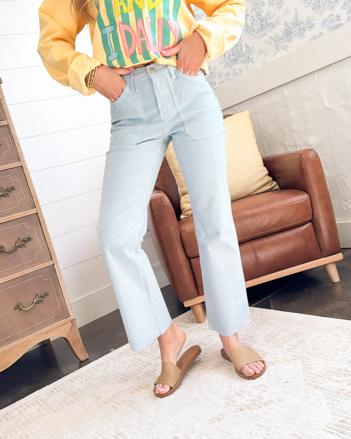 Mica Denim | Marlee High Rise Pinstriped Crop Bootcut Jeans