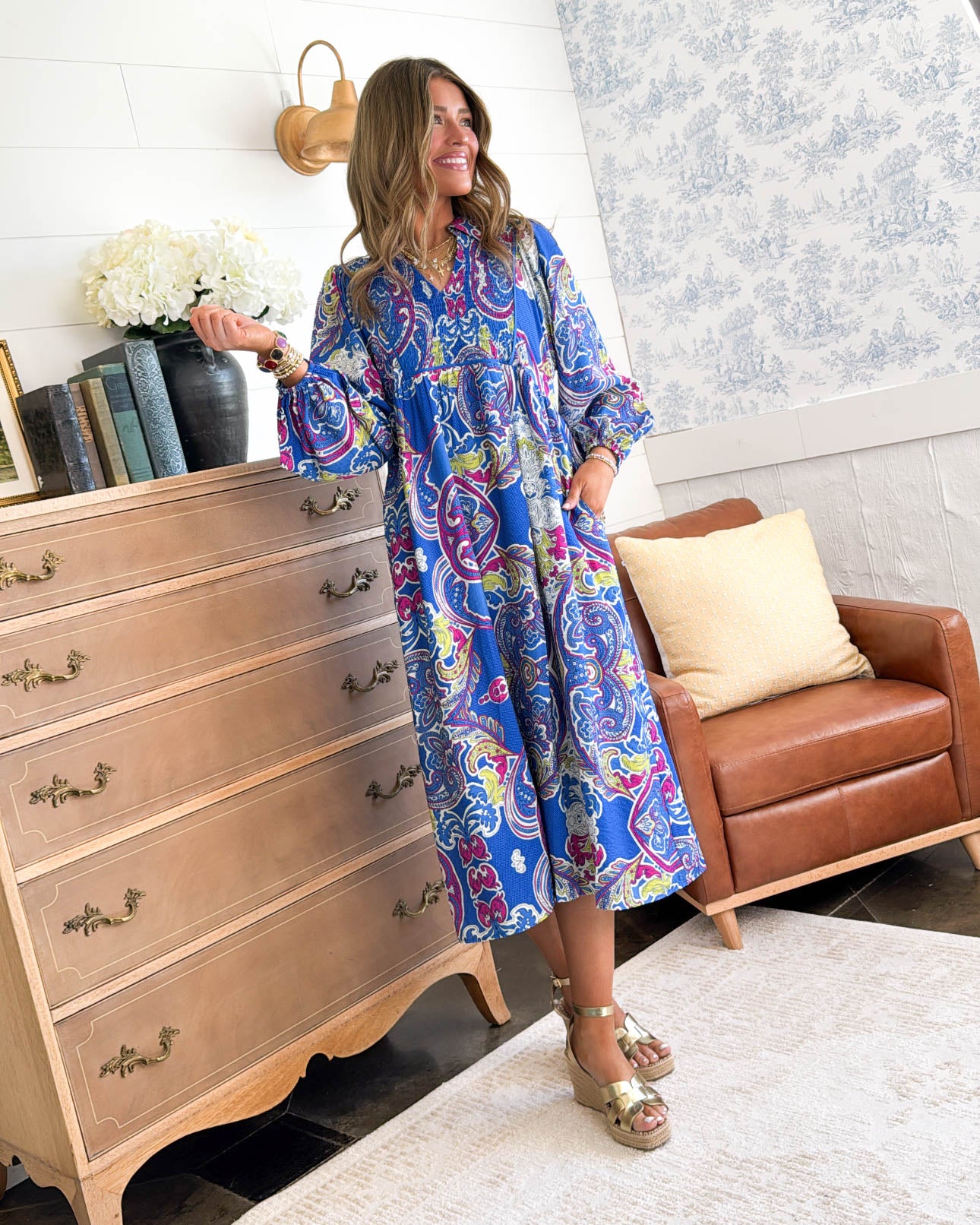 Clementine Smocked Paisley Boho Midi Dress