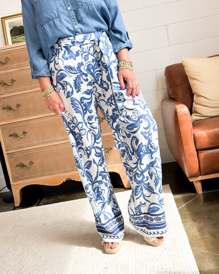 Paradise Cove Floral Border Tie Waist Pants