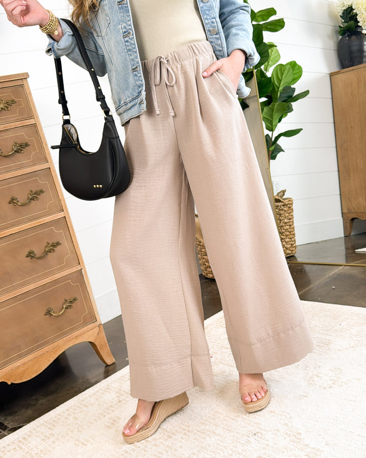 Travel Plans Crinkled Drawstring Wide Leg Pants