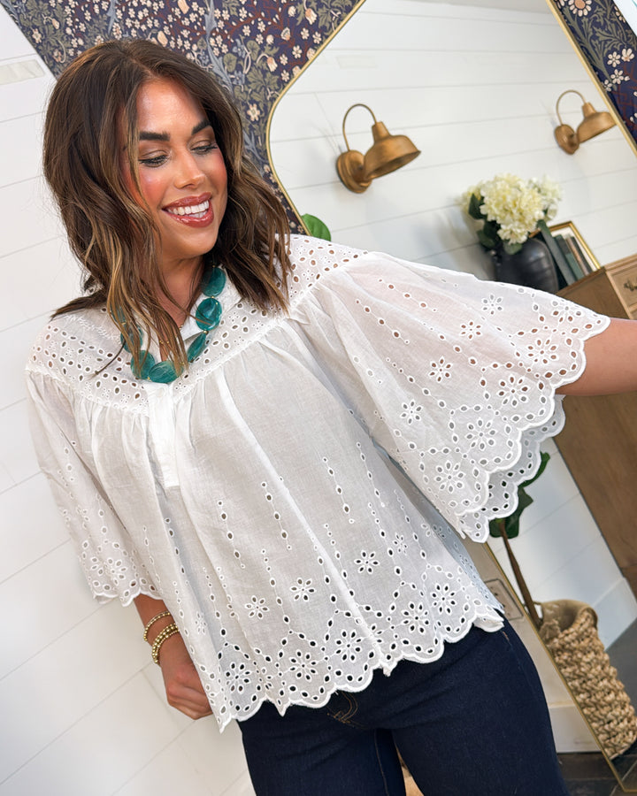 Falling For You Eyelet Half Button Top