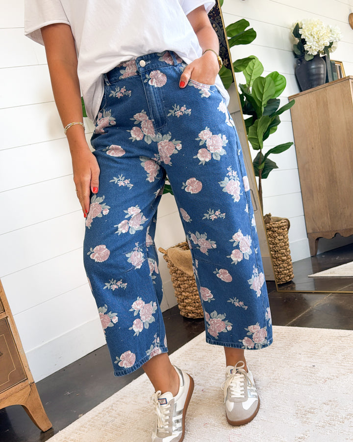 Rose Garden Floral Crop Barrel Jeans