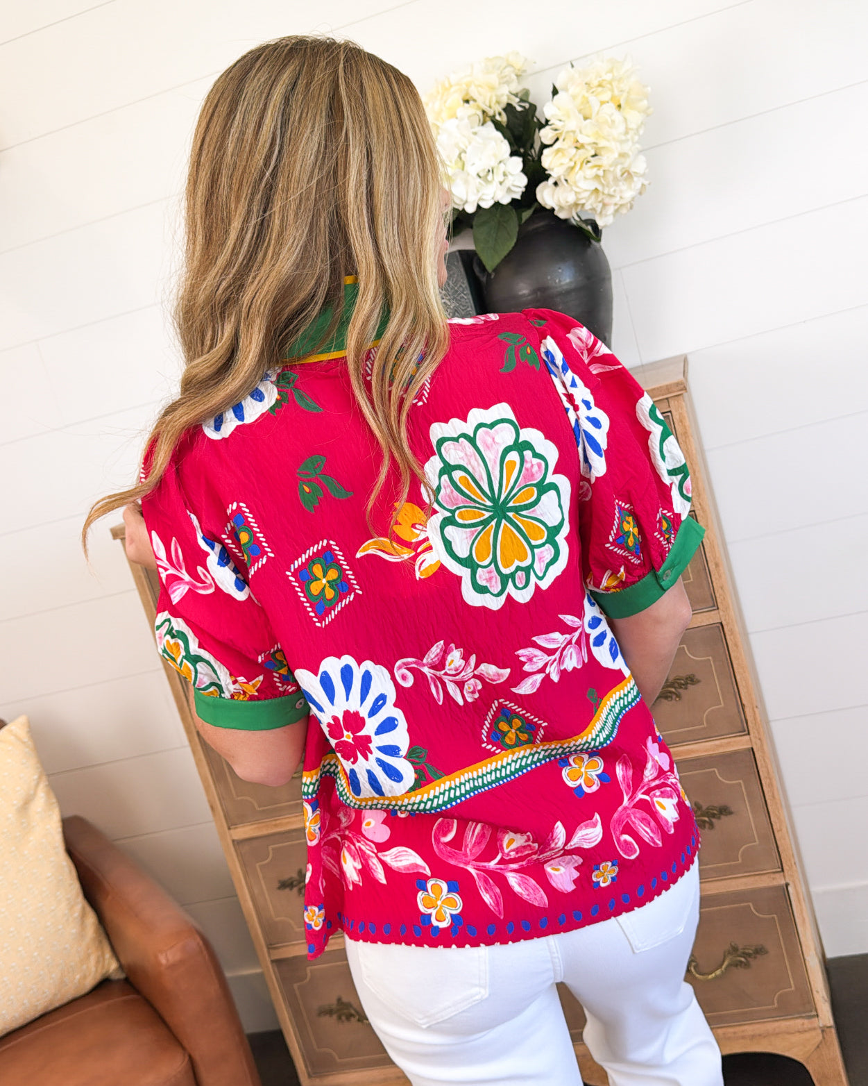 Fiest Blooms Floral Stand Collar Blouse