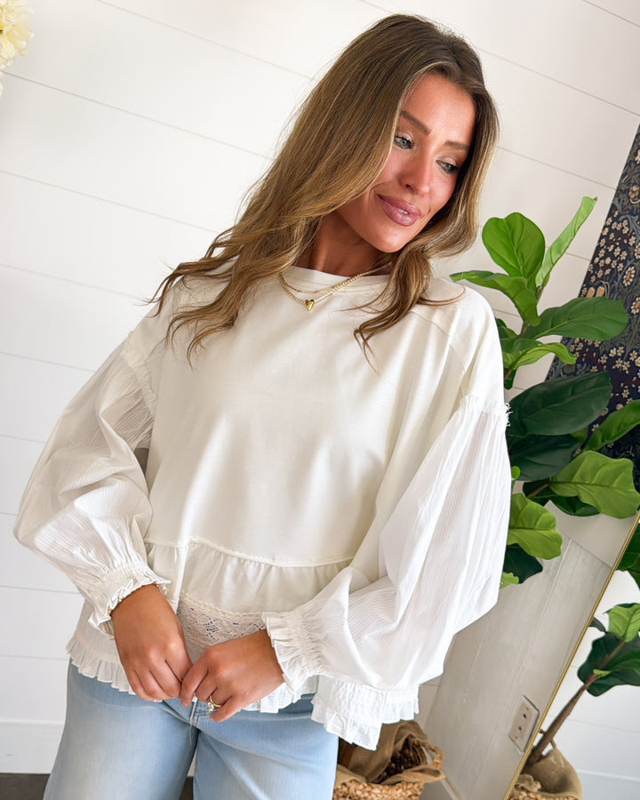 Vintage Allure Mixed Knit Lace Hem Top