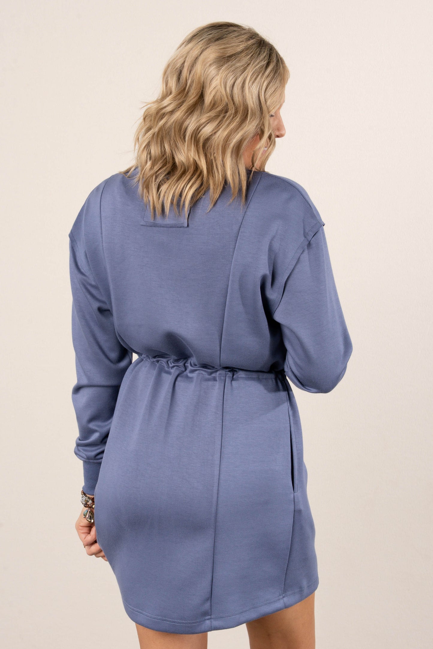 Jersey Knit Long Sleeve Drawstring Waist Dress - Steel Blue