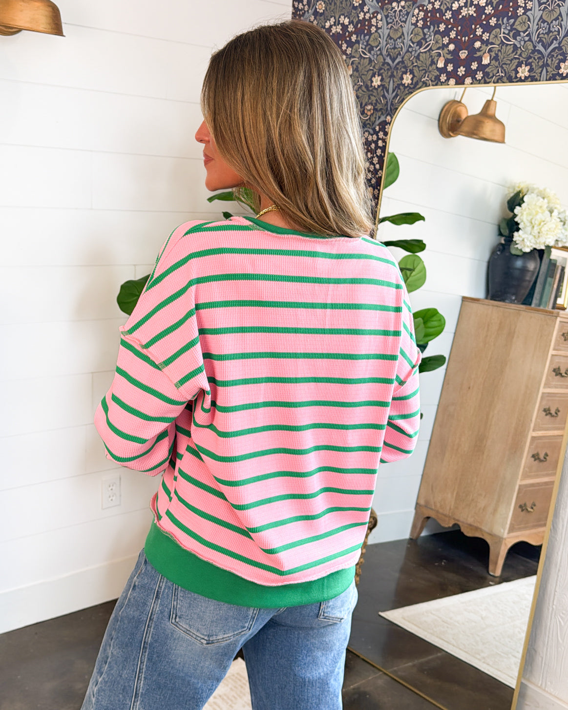 Valley Girl Striped Exposed Seam Henley Pullover