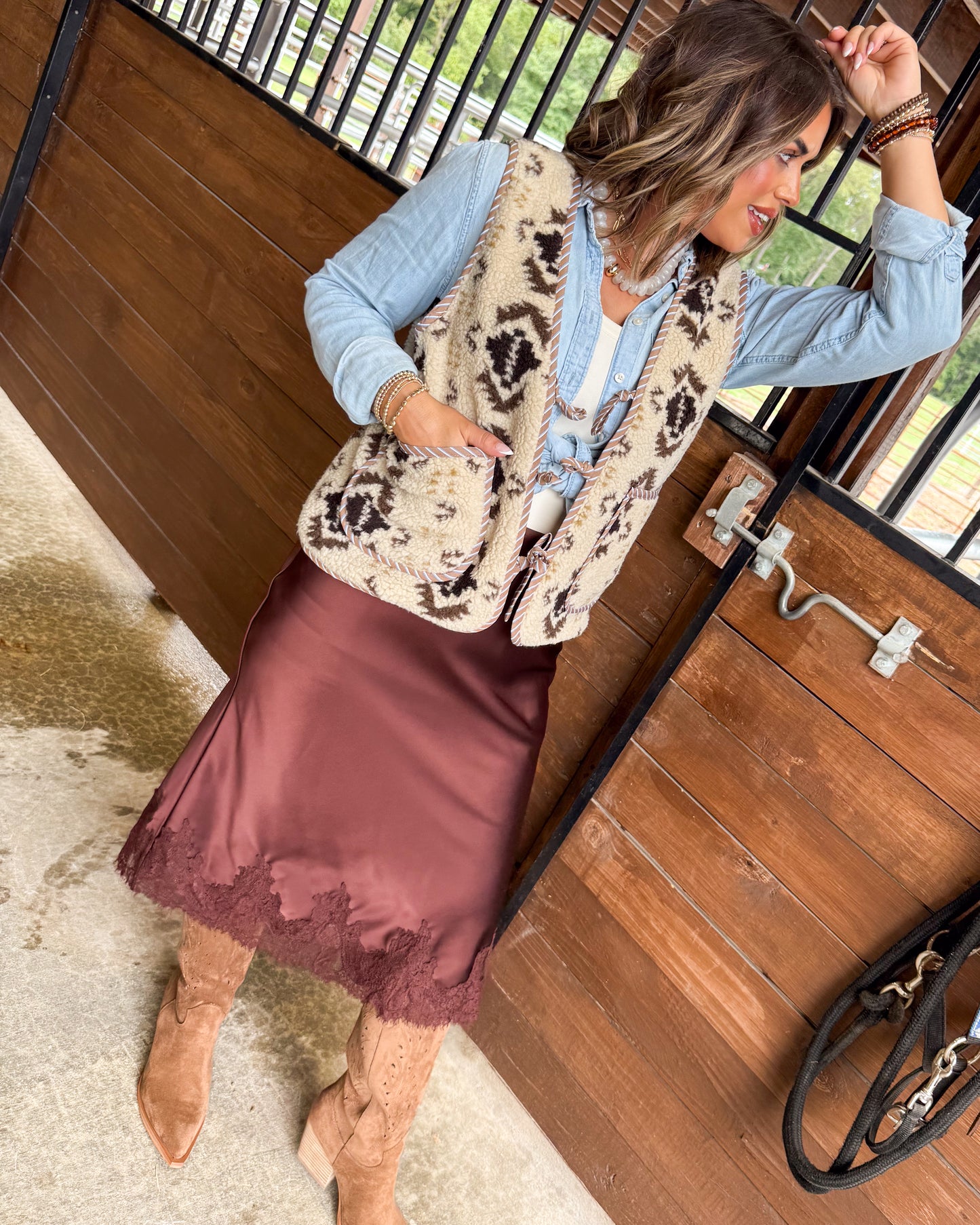 Arabella Satin Lace Hem Midi Skirt