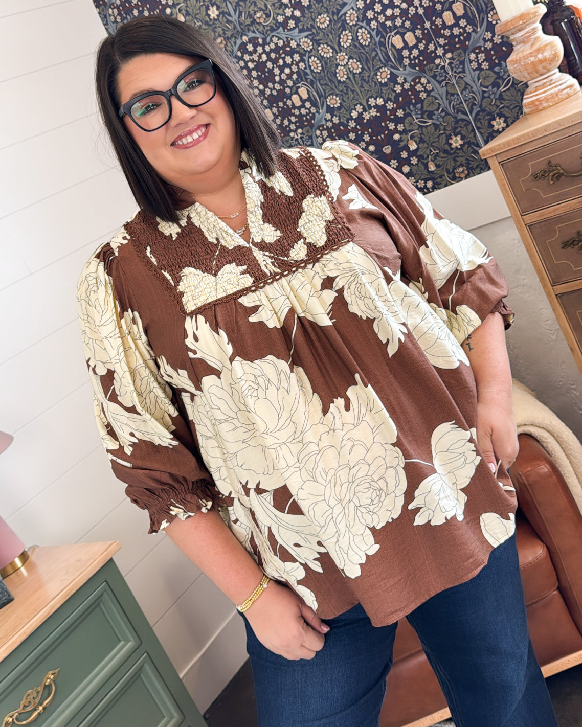 English Garden Floral Smocked Peasant Blouse