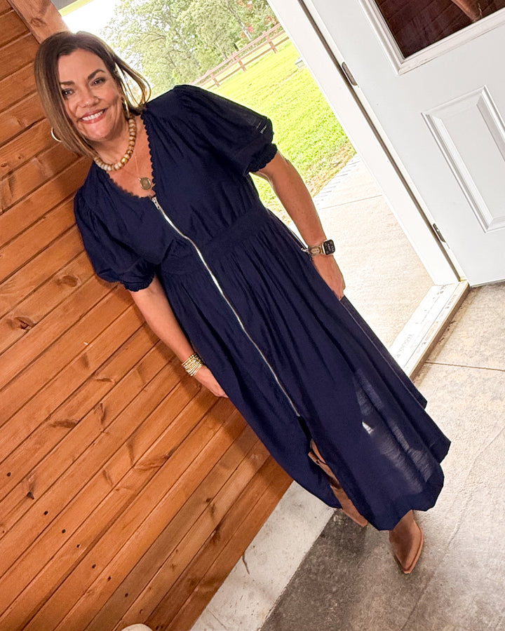 Lunch Date Zip Front Smocked Waist Midi Dress