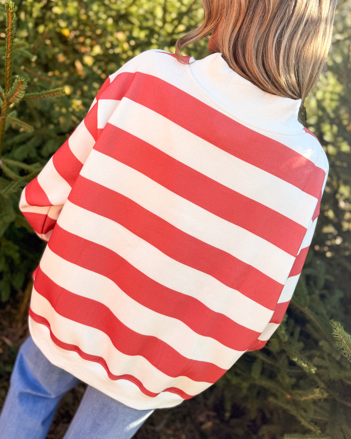 Striped Merry Embroidered Mock Neck Sweatshirt