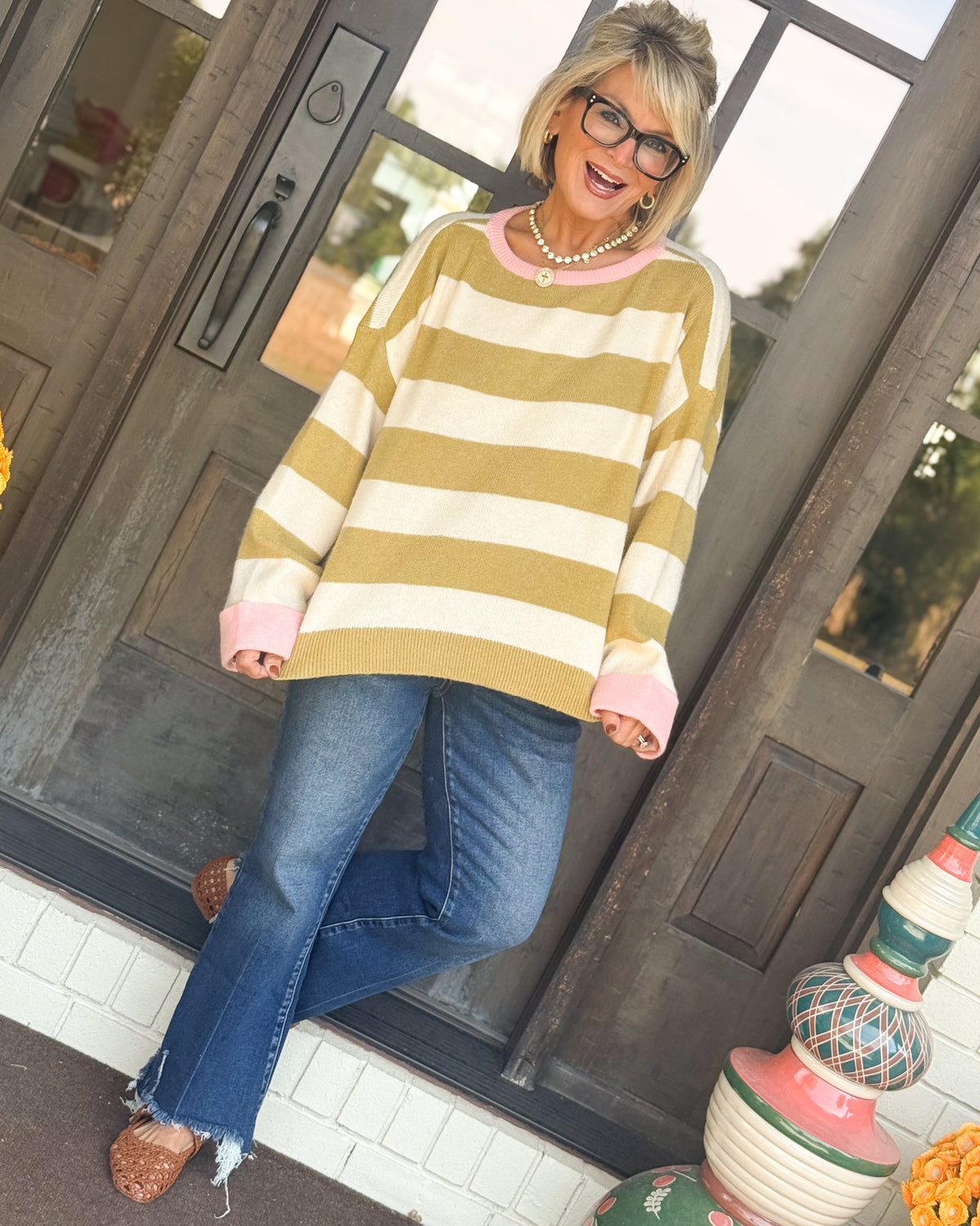 Line Up For Cozy Striped Contrast Trim Sweater