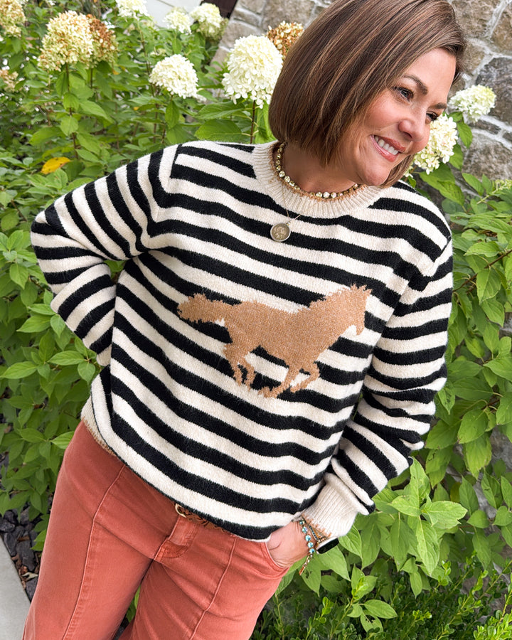 Off To The Races Striped Horse Knit Sweater