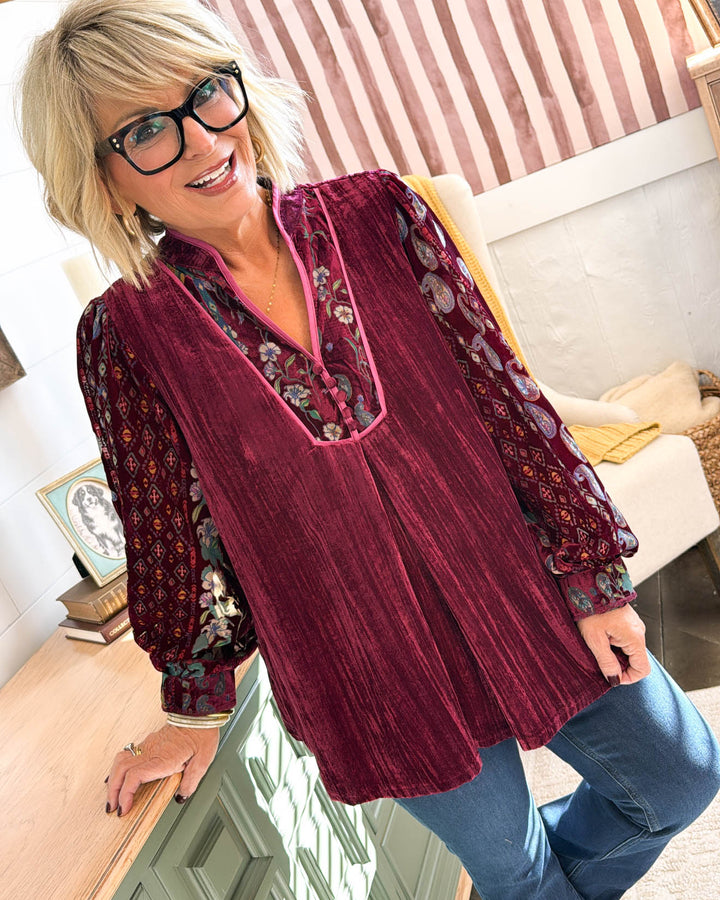 Gypsy Moon Velvet Printed Sleeve Blouse - Merlot