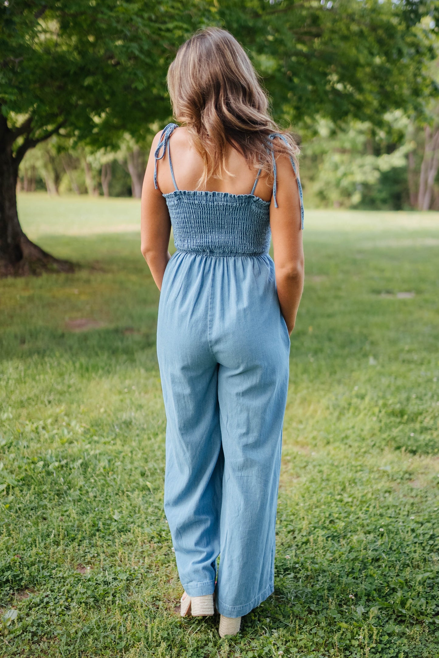 Chambray Smocked Tie Shoulder Jumpsuit