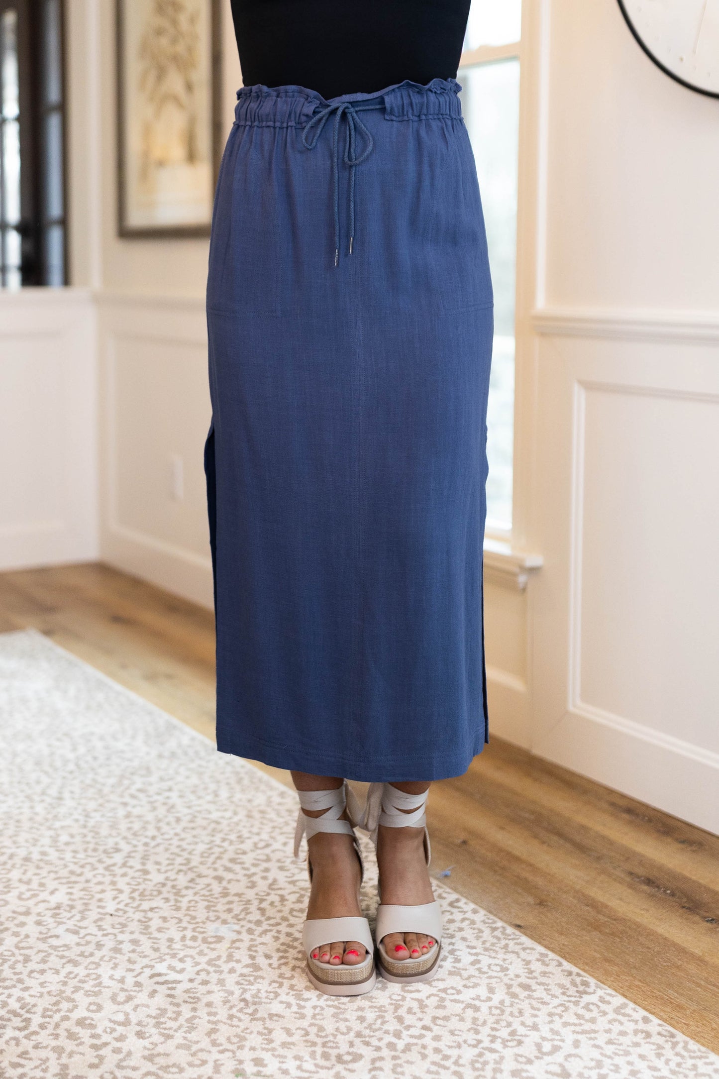 Linen Drawstring Midi Skirt