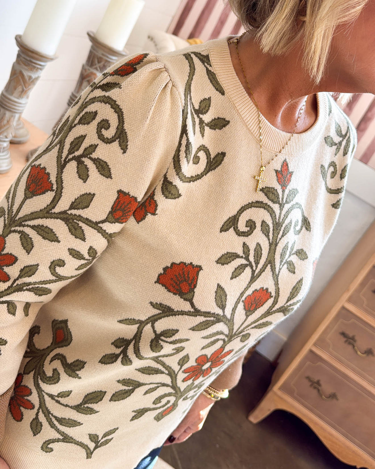 Olive Branch Floral Pleat Shoulder Sweater - Natural