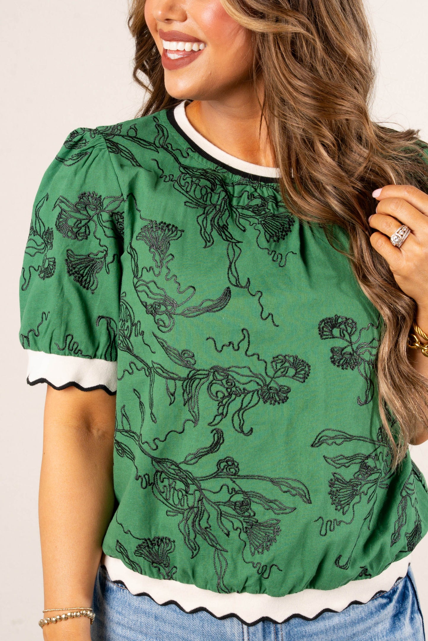 Floral Embroidered Ruffle Trim Top