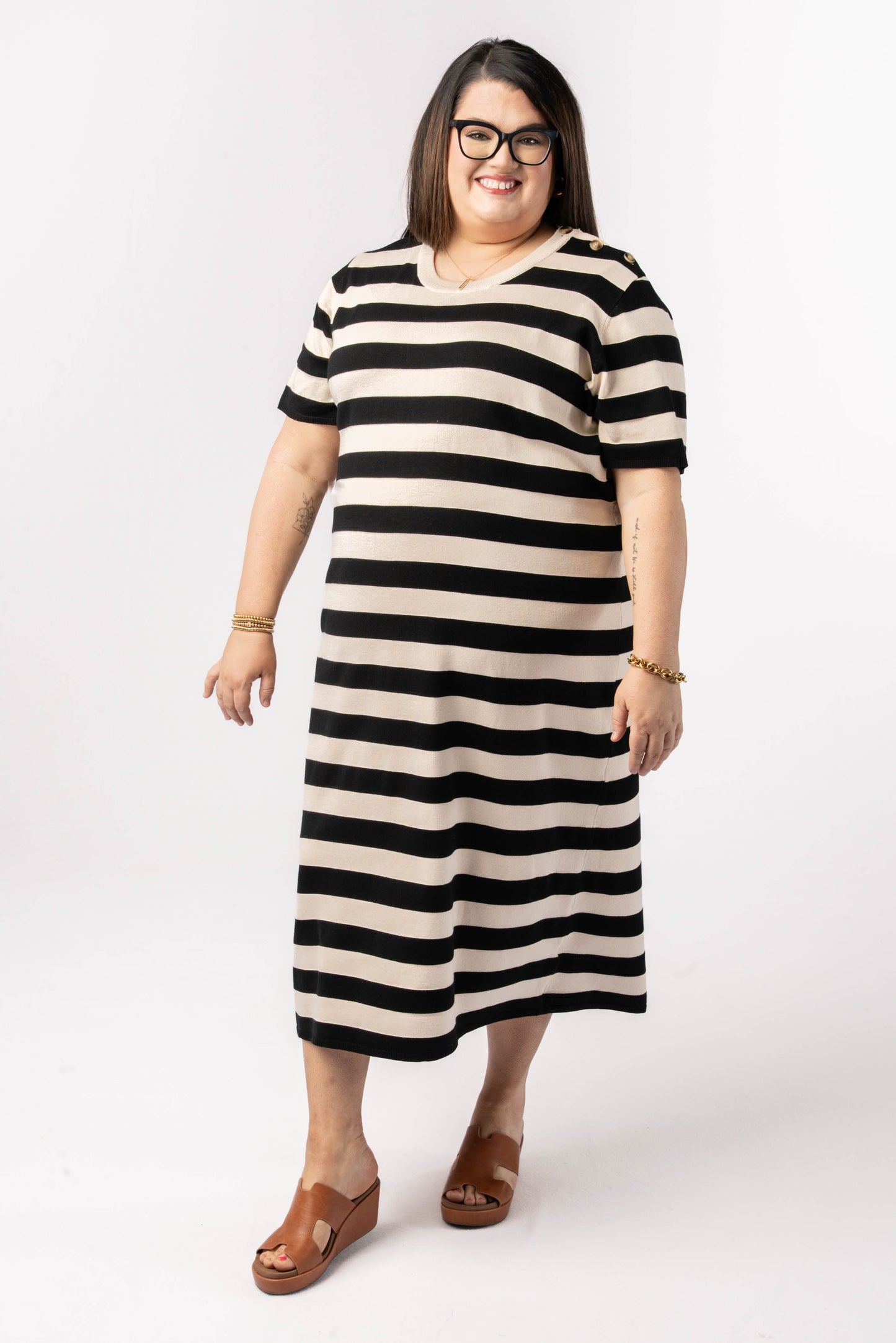 Striped Button Shoulder Midi Dress