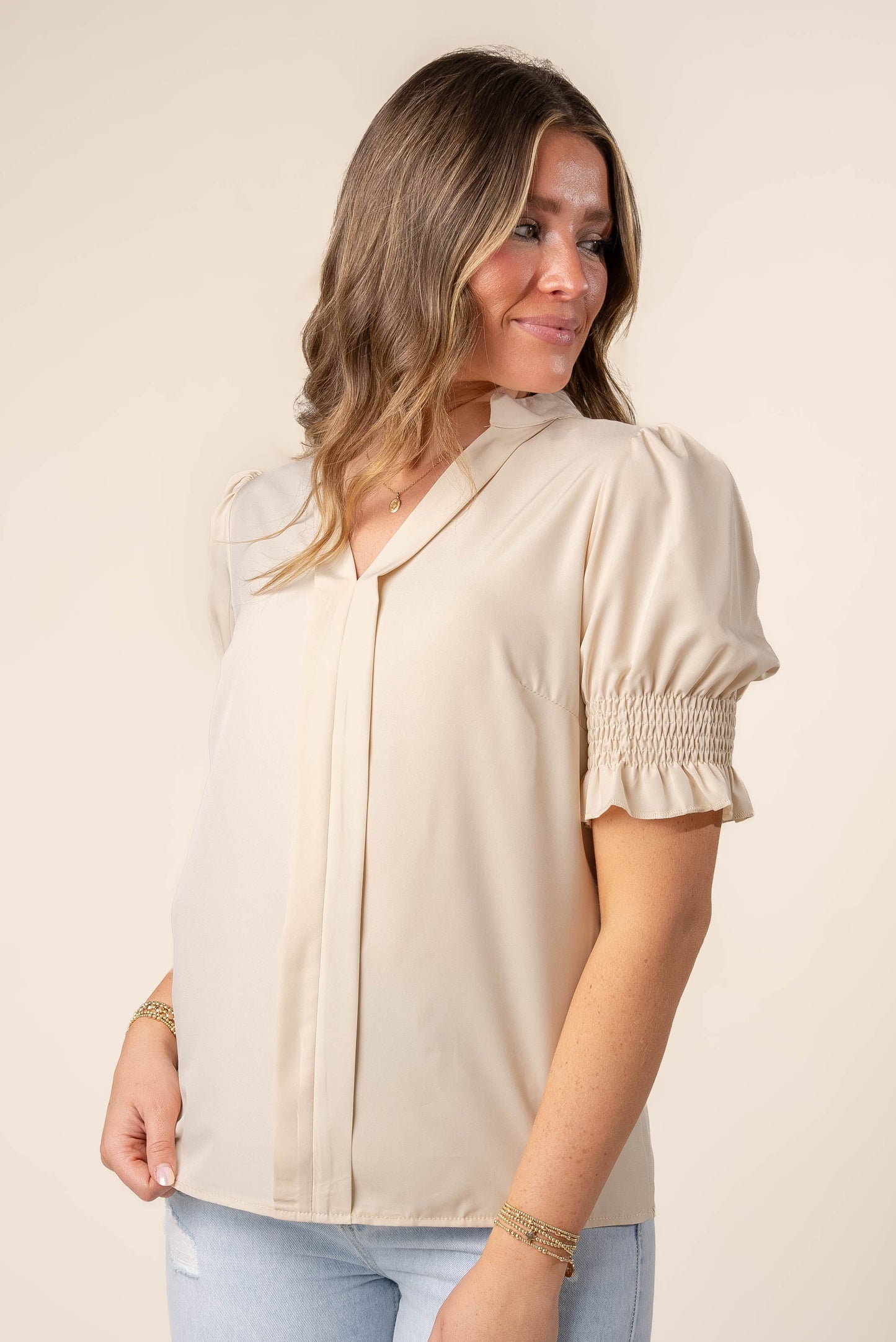 Pleat Front Smocked Sleeve Blouse *Final Sale*