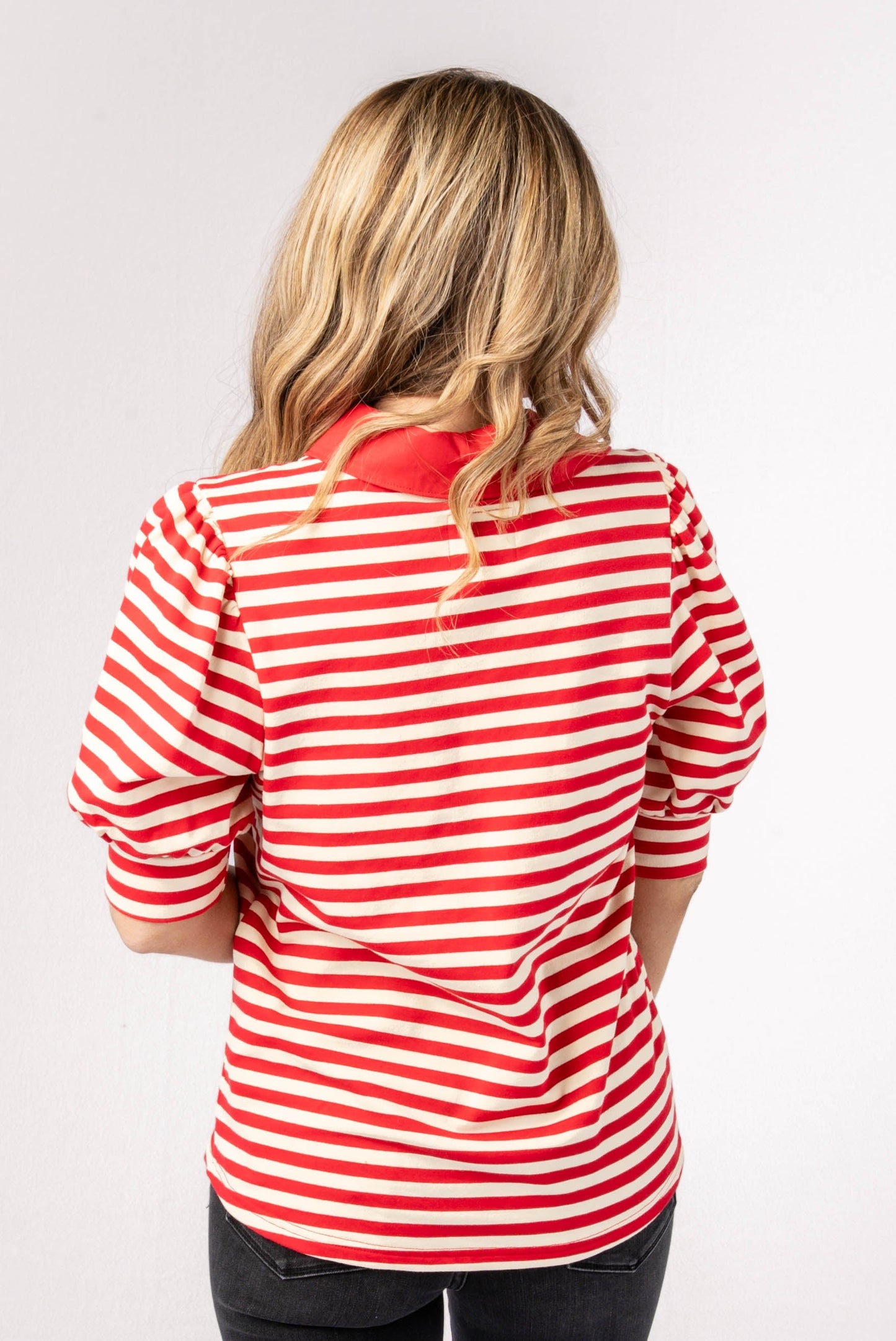 Striped Puff Sleeve Polo Top