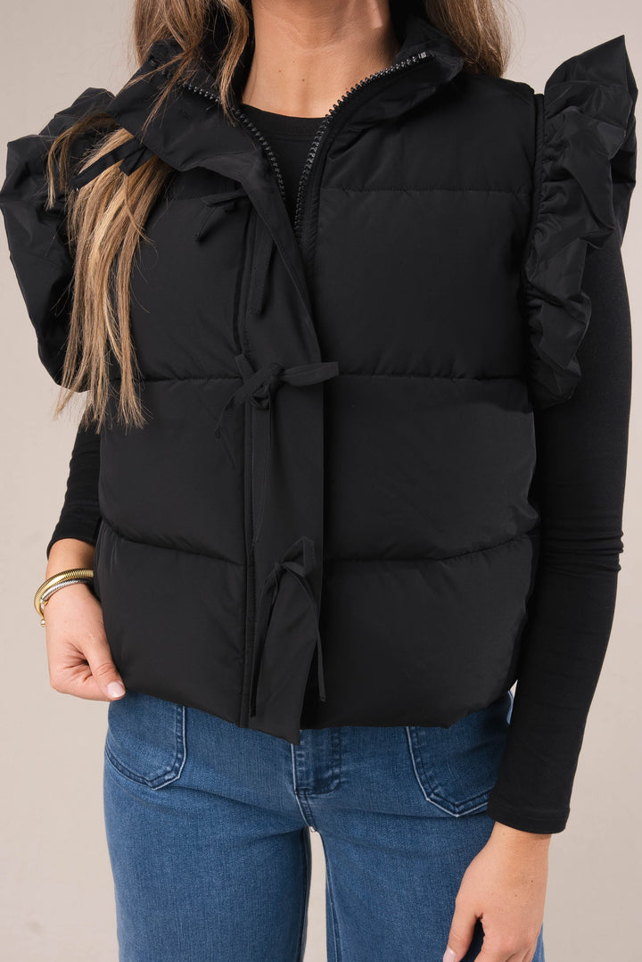 Ruffle Shoulder Bow Tie Puffer Vest *Final Sale*