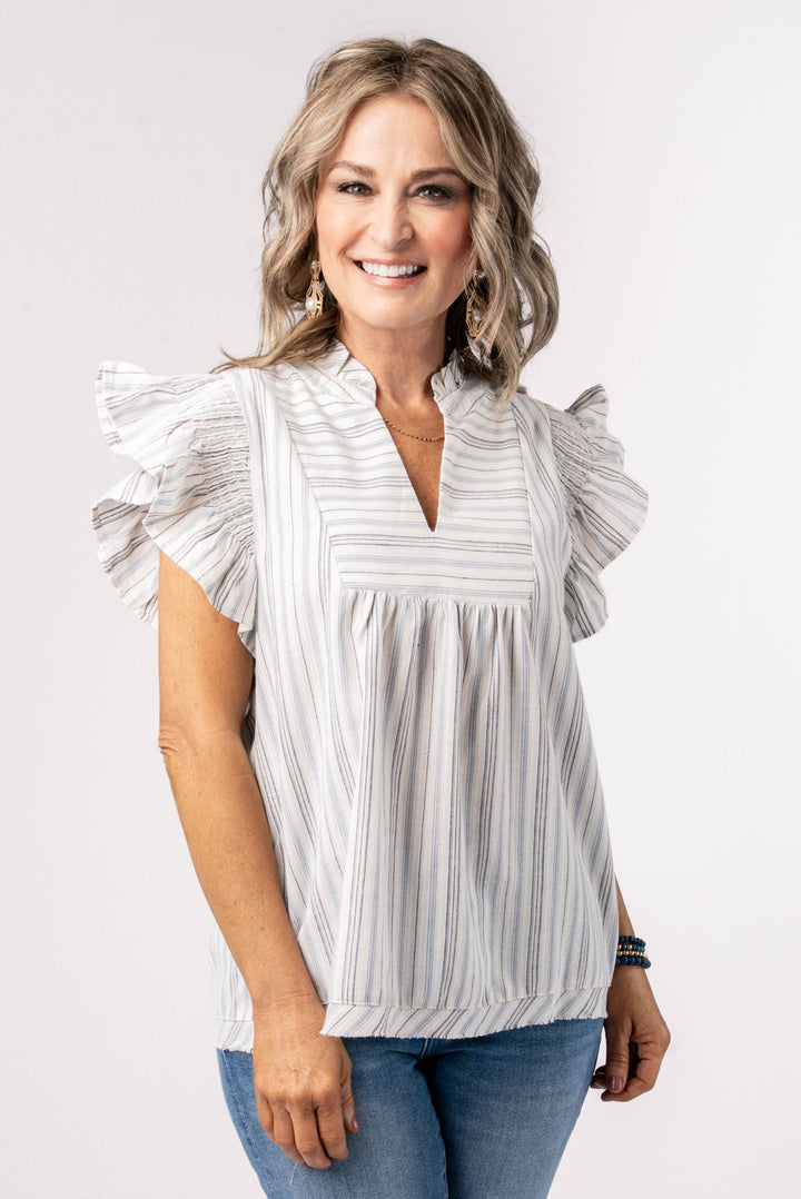 Striped Smocked Ruffle Shoulder Top
