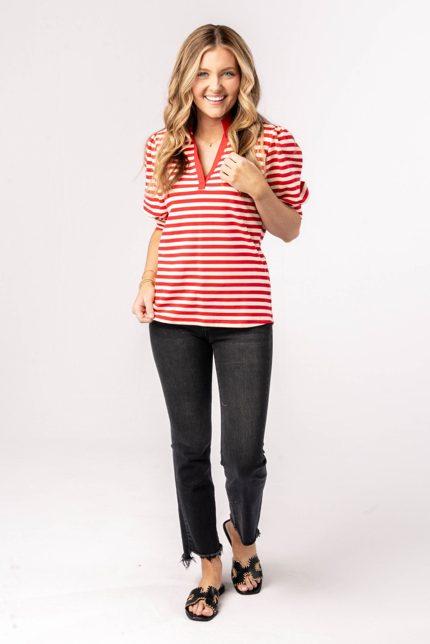 Striped Puff Sleeve Polo Top