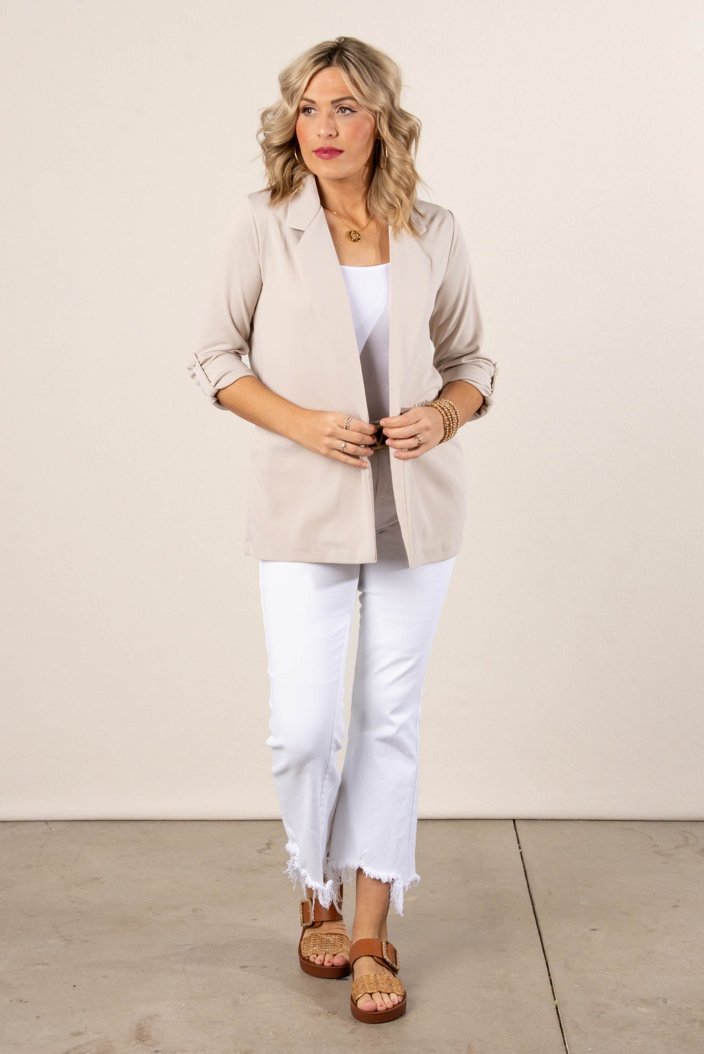 Open Front Tab Sleeve Blazer