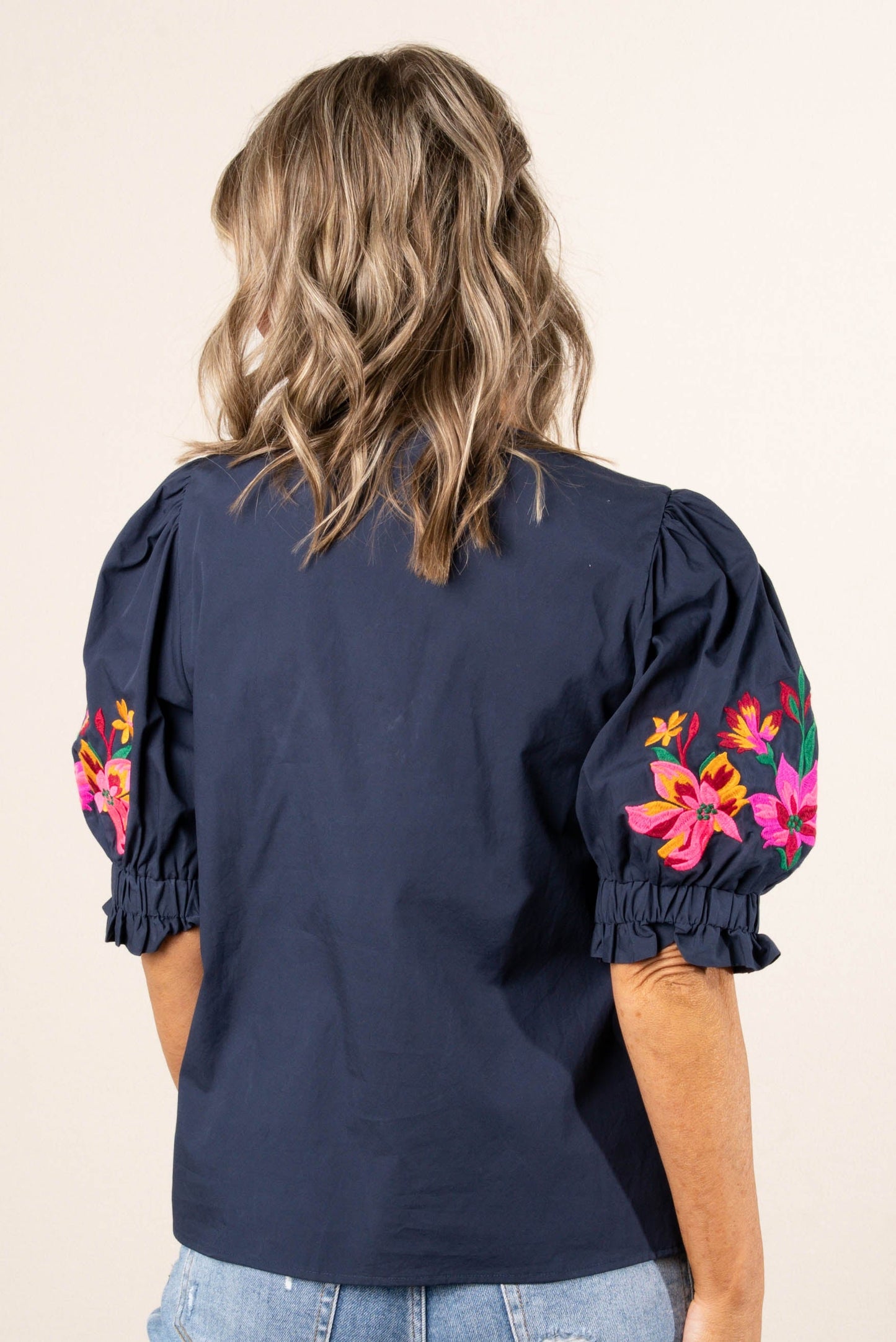Floral Embroidered Smocked Cuff Top